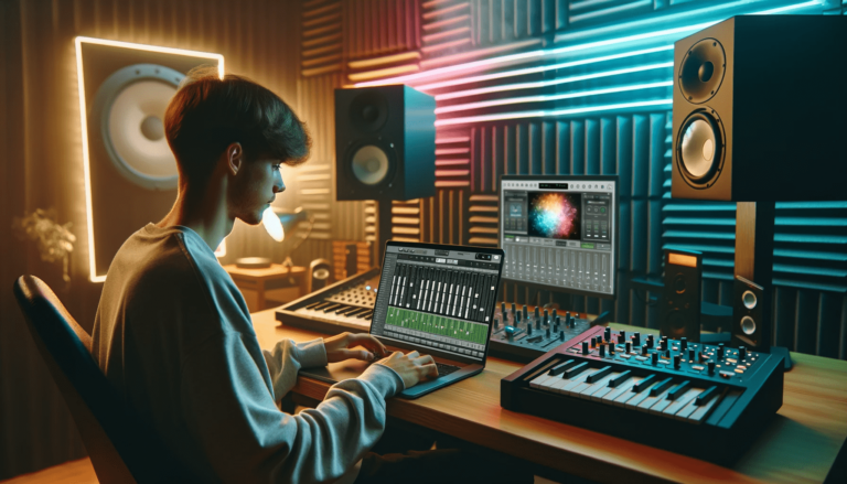 Młody artysta Dubstep pracujący w nowoczesnym domowym studio muzycznym z laptopem i sprzętem audio, interfejs PIBEEP na ekranie