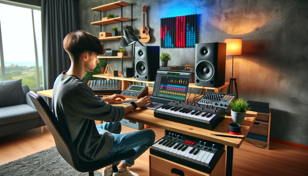 Młody artysta tworzący muzykę Electro w nowoczesnym domowym studio