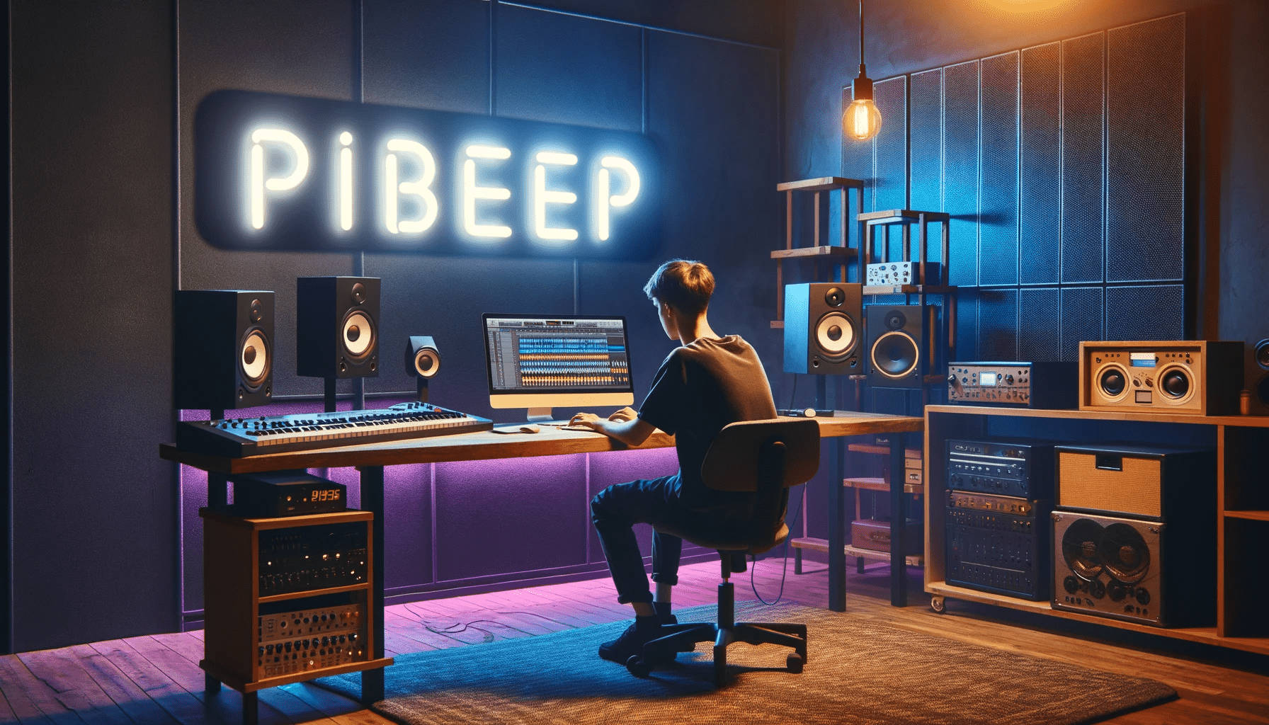Logo PIBEEP w stylu neonowym na ciemnym tle w nowoczesnym studio muzycznym