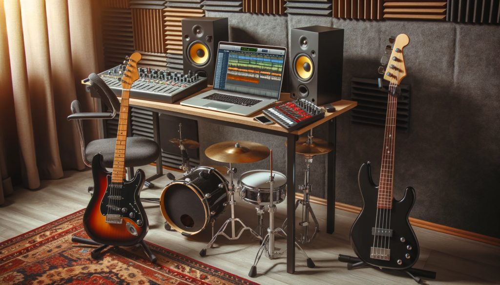 Domowe studio muzyczne z laptopem, gitarą elektryczną, basem i małym zestawem perkusyjnym do produkcji hard rocka.