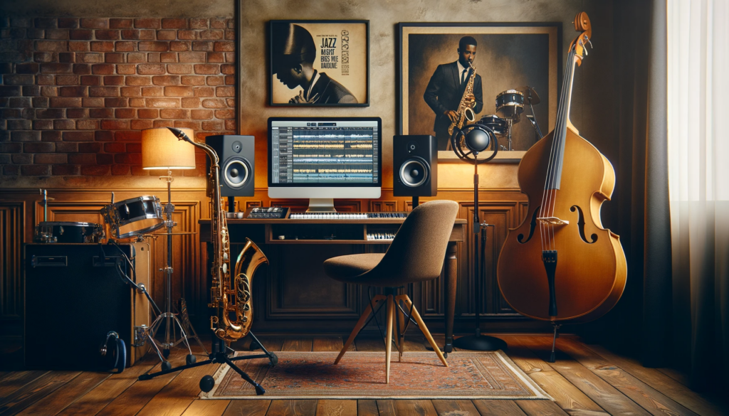 Domowe studio do produkcji jazzu z komputerem, saksofonem, kontrabasem, perkusją i klawiaturą w ciepłej, zapraszającej atmosferze z vintage dekoracjami.