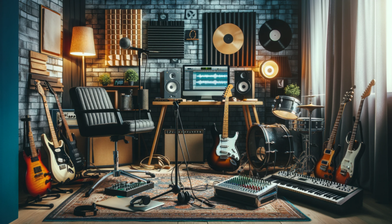 Domowe studio muzyczne z instrumentami Punk: elektryczna gitara, bas, perkusja i mikrofon.