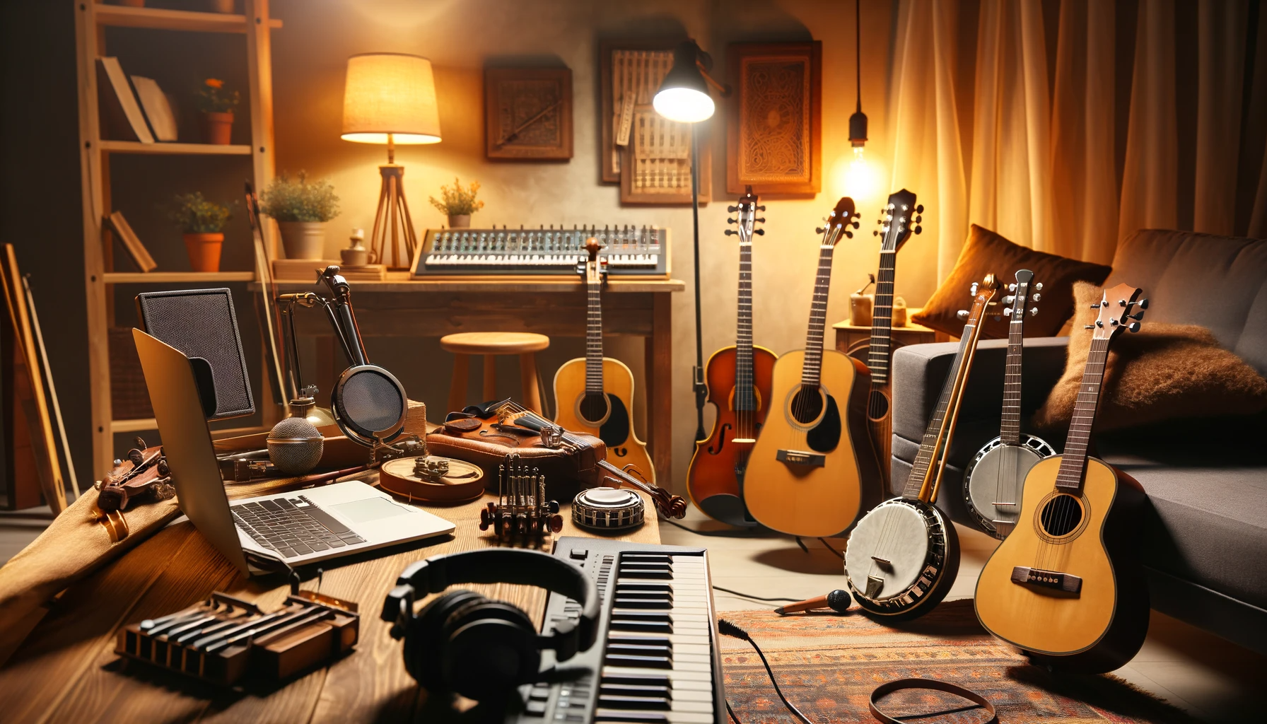 Domowe studio muzyczne z instrumentami Folk: gitara akustyczna, banjo, skrzypce, harmonijka oraz sprzęt nagraniowy.