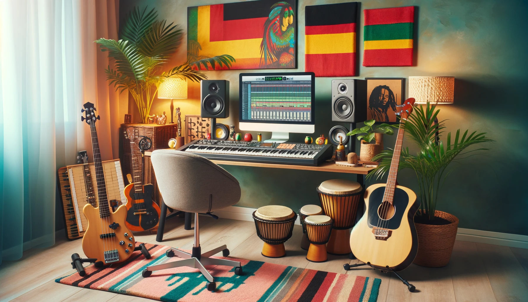 Domowe studio do produkcji muzyki reggae z komputerem, klawiaturą MIDI, gitarą basową, bongosami i mikrofonem, urządzone w stylu karaibskim.