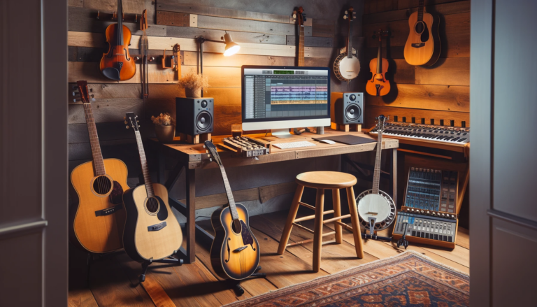 Zaaranżowane domowe studio do produkcji muzyki country z komputerem, gitarą akustyczną, banjo, skrzypcami i pedal steel guitar.