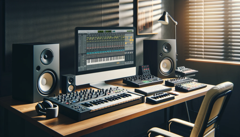 Zaawansowane domowe studio do produkcji muzyki elektronicznej z komputerem, kontrolerami MIDI, syntezatorami, słuchawkami i monitorami studyjnymi.