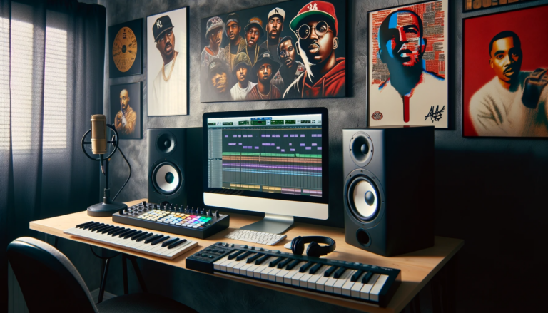 Domowe studio do produkcji muzyki hip hop z dwoma głośnikami, komputerem, klawiaturą MIDI i mikrofonem, ozdobione plakatami ikon rapu i hip-hopu.