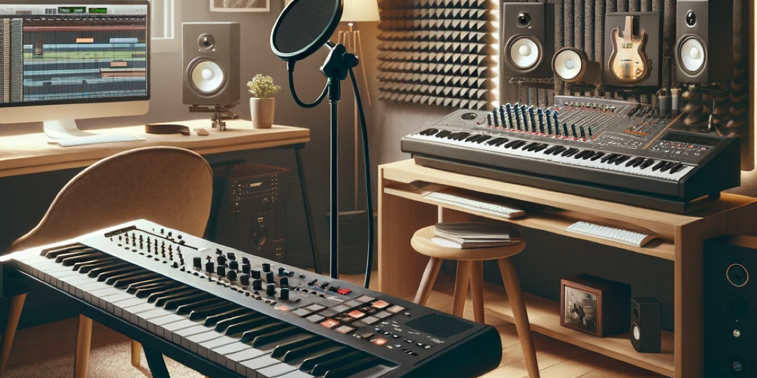 Zestaw domowego studia muzycznego z klawiaturą, mikrofonem, konsoletą mikserską i komputerem do produkcji muzyki R&B