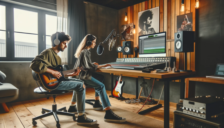 Dwaj artyści Indie Rock współpracujący w nowoczesnym studiu muzycznym, jeden gra na gitarze, drugi pracuje na laptopie.