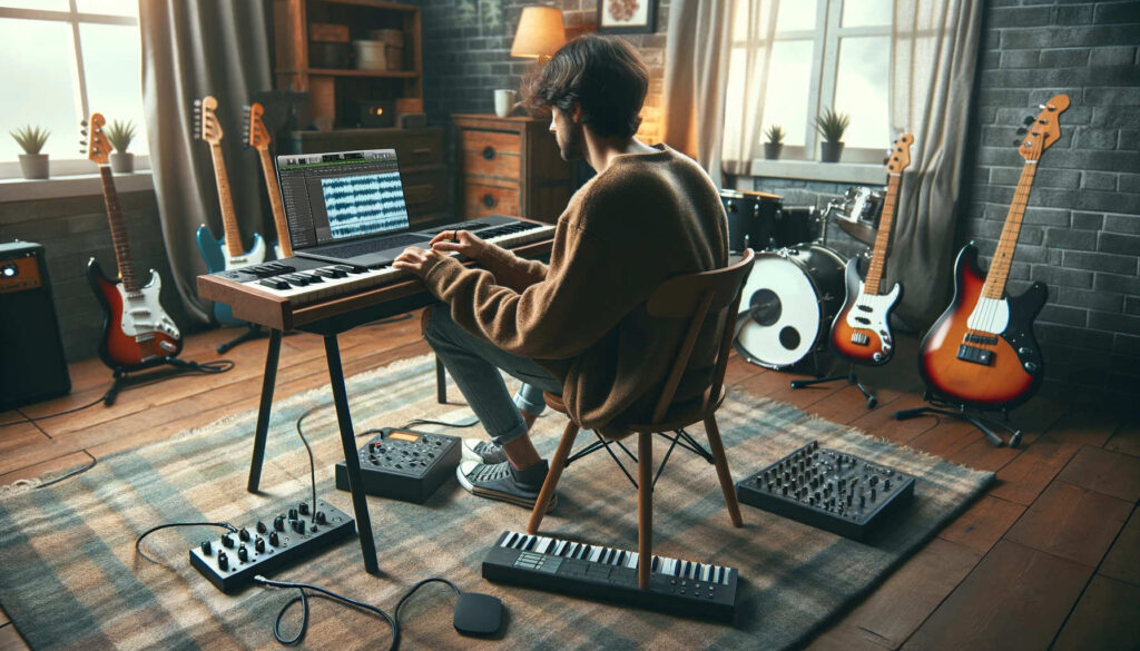 Muzyk rockowy pracujący nad utworem w domowym studio z laptopem wyświetlającym logo PIBEEP, otoczony instrumentami rockowymi.