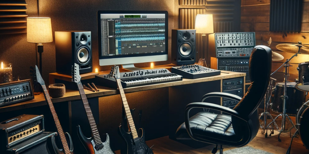Domowe studio do produkcji muzyki metalowej z gitarą elektryczną, basem, zestawem perkusyjnym i komputerem z oprogramowaniem muzycznym.