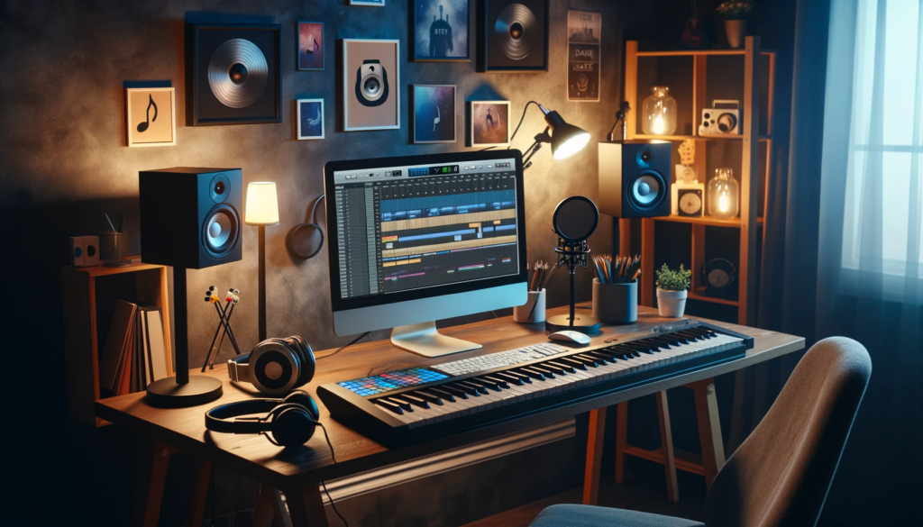 Domowe studio muzyczne z biurkiem, komputerem, głośnikami, mikrofonem, słuchawkami, klawiaturą MIDI i oprogramowaniem do produkcji muzyki, w przytulnej atmosferze z ambientowym oświetleniem i dekoracjami muzycznymi.
