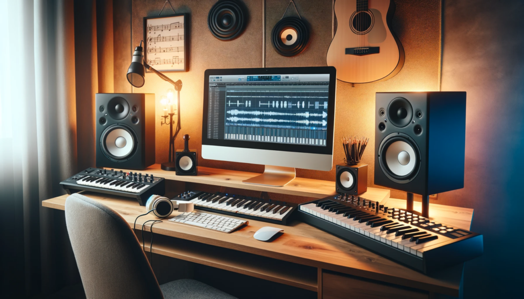 Domowe studio muzyczne z komputerem, głośnikami, mikrofonem, słuchawkami, klawiaturą MIDI i oprogramowaniem do produkcji muzyki na ekranie.