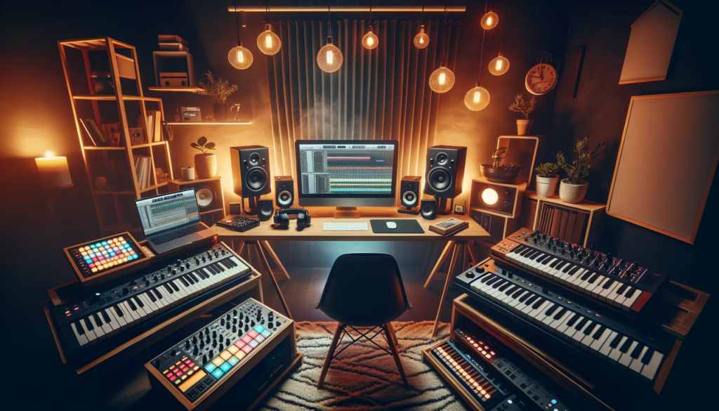 Domowe studio muzyczne wyposażone w sprzęt do produkcji EDM, w tym syntezatory, drum machines, kontrolery MIDI i laptop
