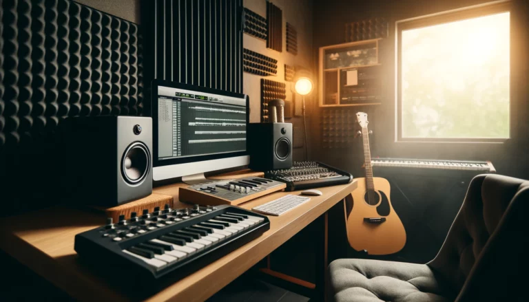 Domowe studio muzyczne z komputerem, klawiaturą, konsoletą mikserską i gitarą.